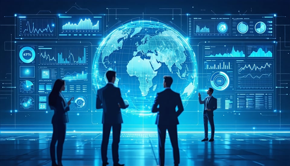 A futuristic tech image showcasing how MarketPlaces are the way forward add people into it looking at charts  data-1
