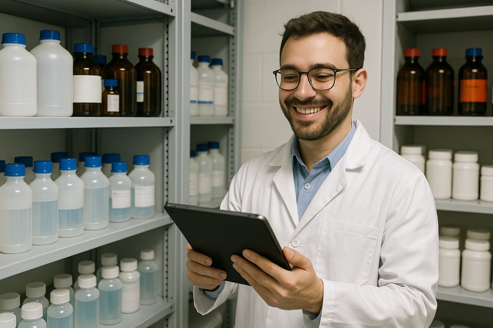Inventory  chilled person looking happy with his app can you make it so he looks like hes a working in a lab  Hes at a stock cupboard and has an Ipad in hand to count the inventory-2